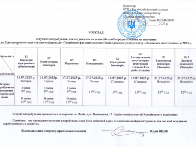 Розклад вступних випробувань для вступників на основі базової середньої освіти